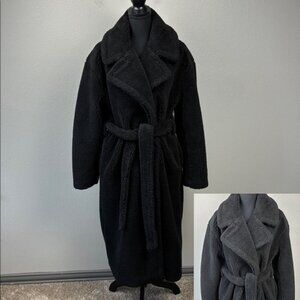 Gap Long Sherpa Coat Black Double Breasted Tie Waist Pockets Teddy Trench M